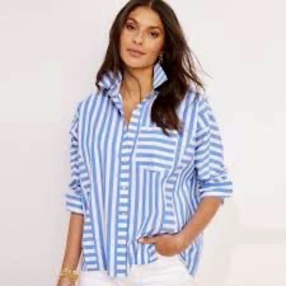 Vineyard Vines Oversized Button Down Shirt Blue White Stripe Long Sleeve Top 10 - Picture 1 of 14
